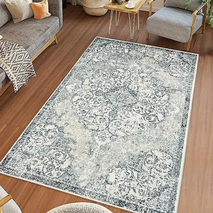 Area Rugs-Kirklands Home Cholet Ivory Blue Medallion Area Rug, 5x7