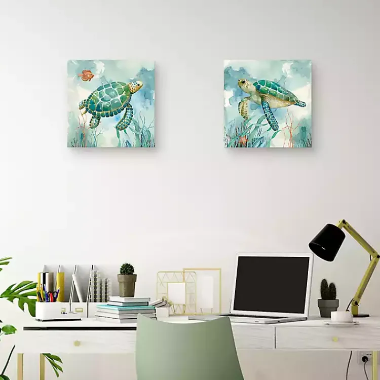 Canvas Art-Kirklands Home Coral Bay Sea Turtle Canvas Art Prints, Set of 2 Blue