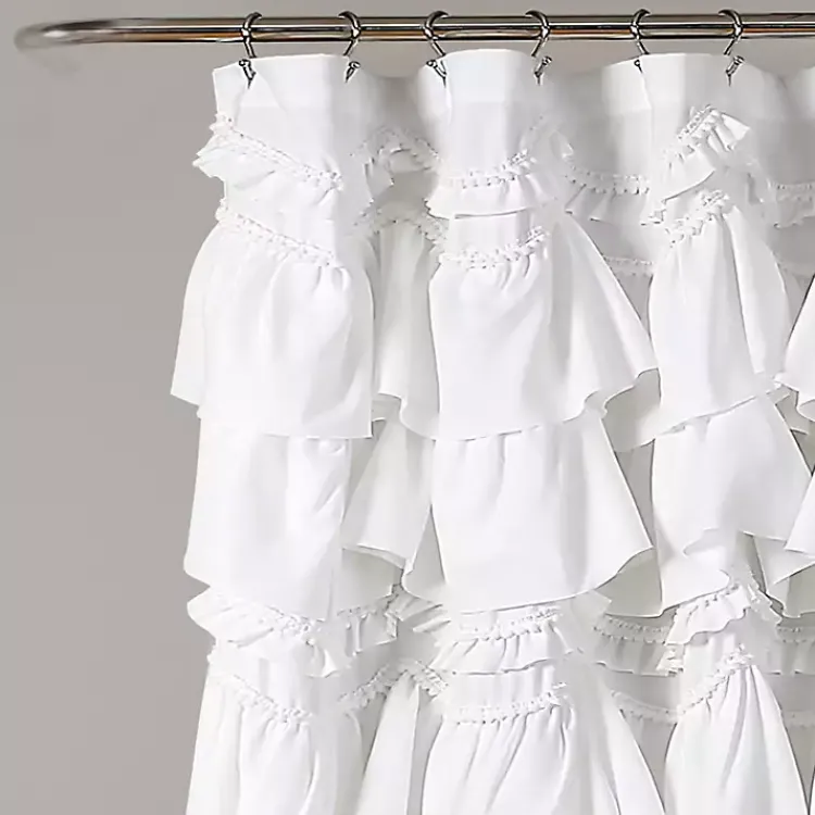 Shower Curtains-Kirklands Home Ruffle and Pom Pom Trim Shower Curtain White