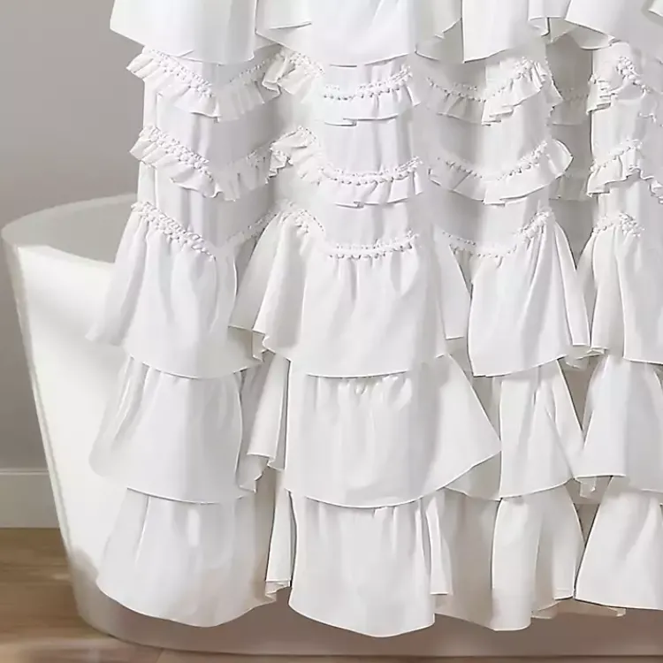 Shower Curtains-Kirklands Home Ruffle and Pom Pom Trim Shower Curtain White