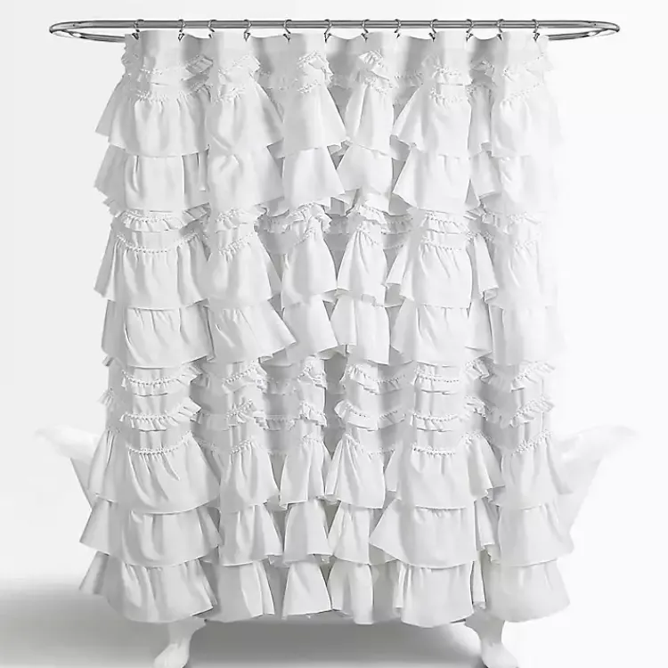 Shower Curtains-Kirklands Home Ruffle and Pom Pom Trim Shower Curtain White