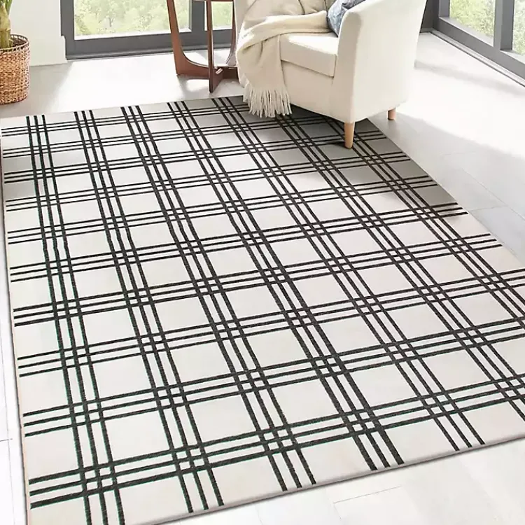 Area Rugs-Kirklands Home Black and Cream Plaid Washable Area Rug, 5x7