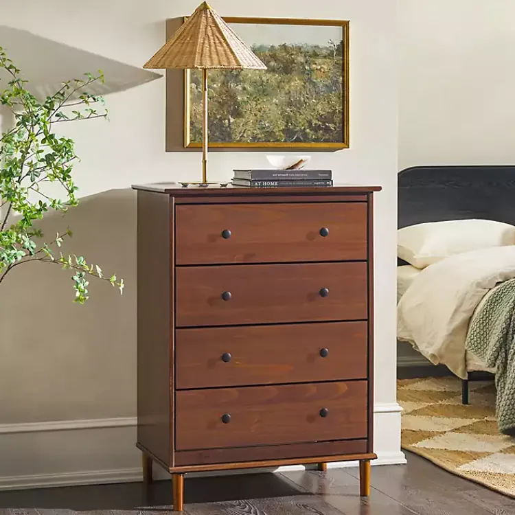 Dressers & Chests-Kirklands Home Walnut Mid-Century Modern 4-Drawer Wood Dresser Brown