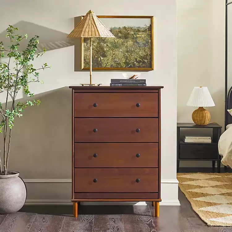 Dressers & Chests-Kirklands Home Walnut Mid-Century Modern 4-Drawer Wood Dresser Brown