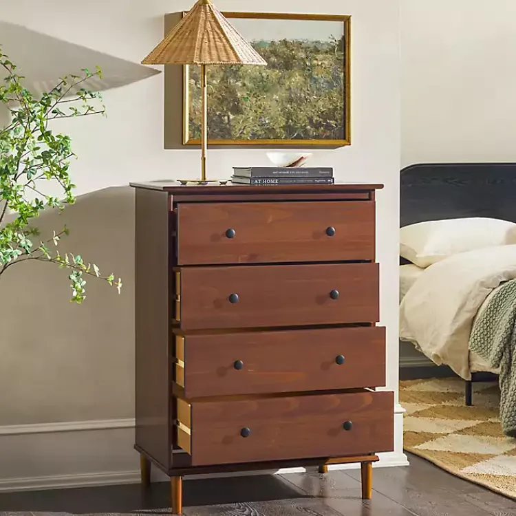 Dressers & Chests-Kirklands Home Walnut Mid-Century Modern 4-Drawer Wood Dresser Brown