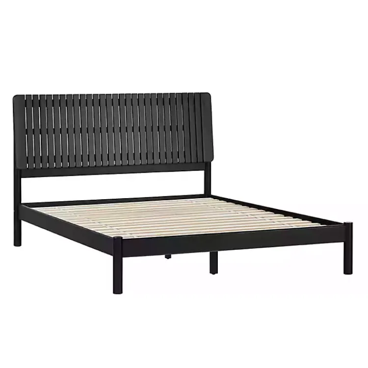 Beds & Headboards-Kirklands Home Wood Slatted Mid-Century Modern Queen Bed Black