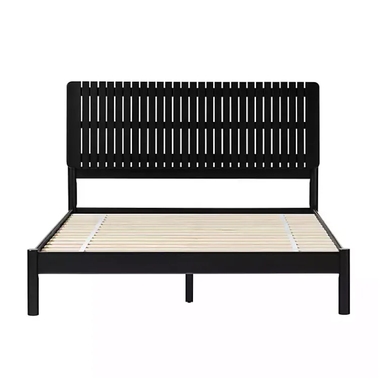 Beds & Headboards-Kirklands Home Wood Slatted Mid-Century Modern Queen Bed Black