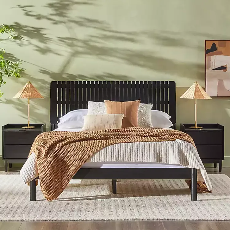 Beds & Headboards-Kirklands Home Wood Slatted Mid-Century Modern Queen Bed Black