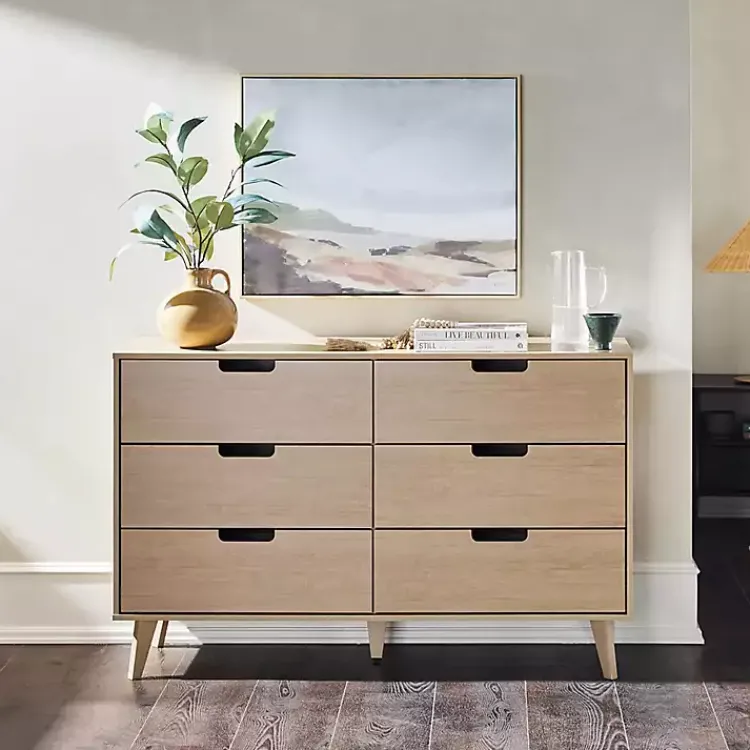 Dressers & Chests-Kirklands Home Oak Wood Simple Grooved Handle 6-Drawer Dresser Tan