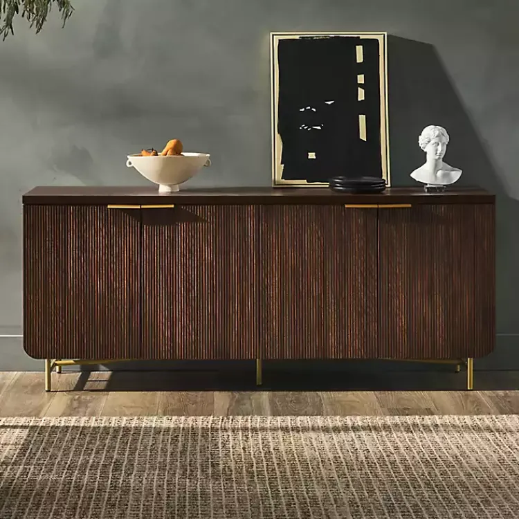 Cabinets & Sideboards-Kirklands Home Walnut Wood Scandinavian 4-Door Sideboard Brown