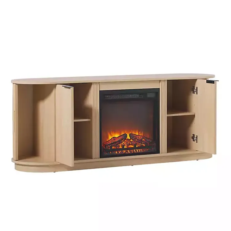Tv Stands & Media Consoles-Kirklands Home Coastal Oak Reeded Fireplace Media Cabinet Tan