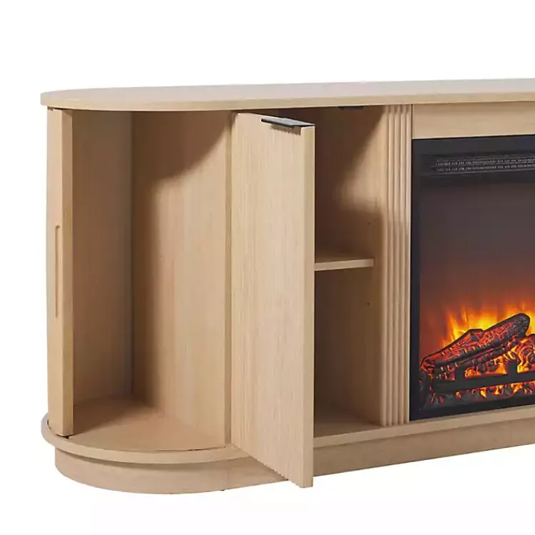 Tv Stands & Media Consoles-Kirklands Home Coastal Oak Reeded Fireplace Media Cabinet Tan