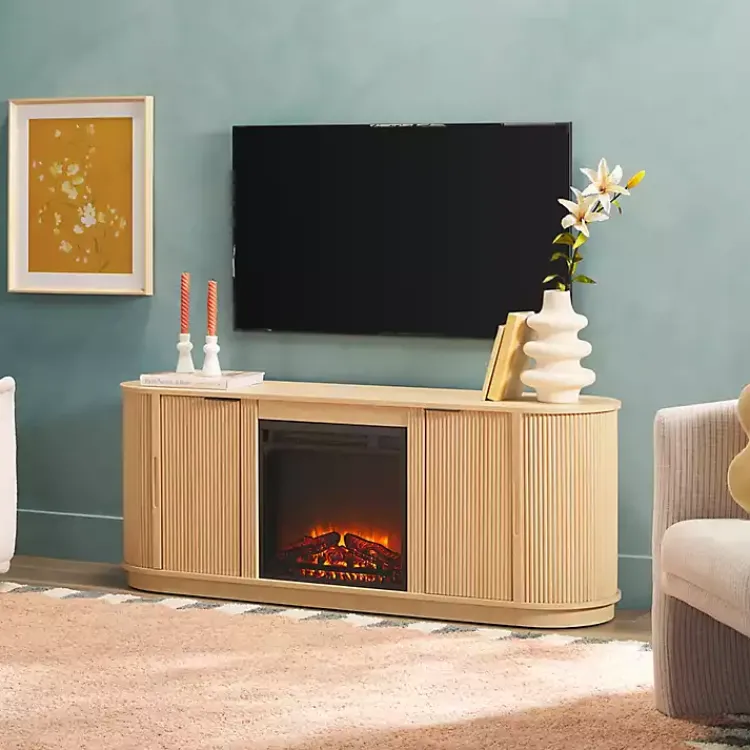 Tv Stands & Media Consoles-Kirklands Home Coastal Oak Reeded Fireplace Media Cabinet Tan