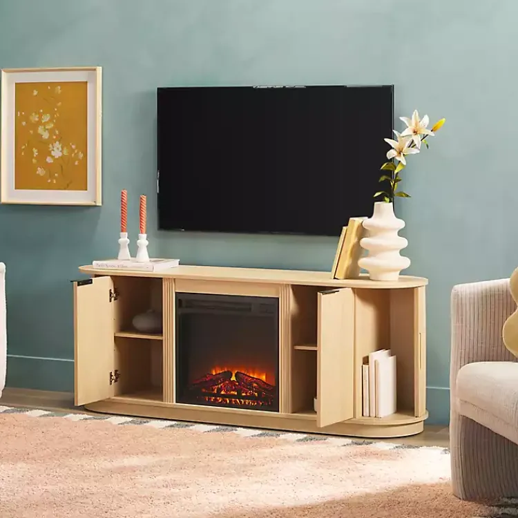 Tv Stands & Media Consoles-Kirklands Home Coastal Oak Reeded Fireplace Media Cabinet Tan