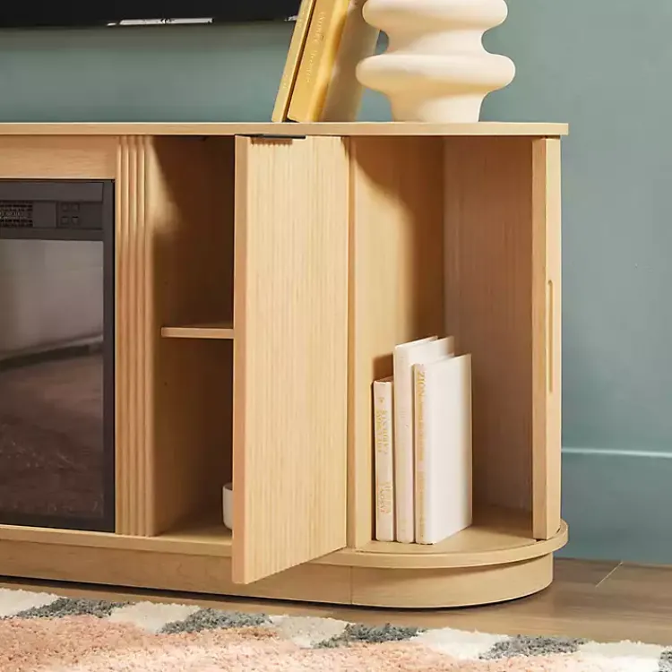 Tv Stands & Media Consoles-Kirklands Home Coastal Oak Reeded Fireplace Media Cabinet Tan