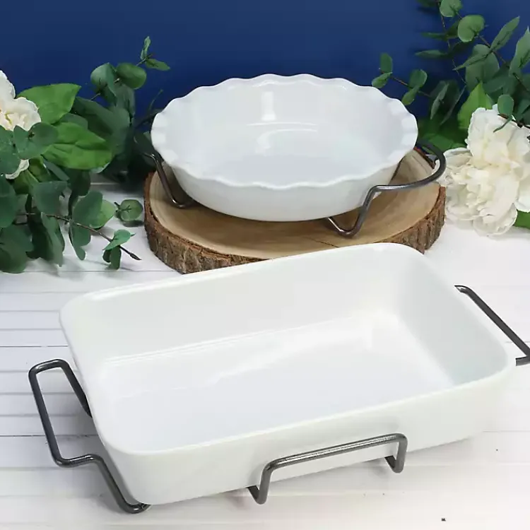 Bakeware & Cookware-Kirklands Home Ceramic Baker and Pie Dish Set with Racks White