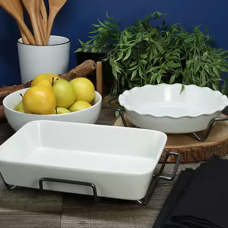 Bakeware & Cookware-Kirklands Home Ceramic Baker and Pie Dish Set with Racks White