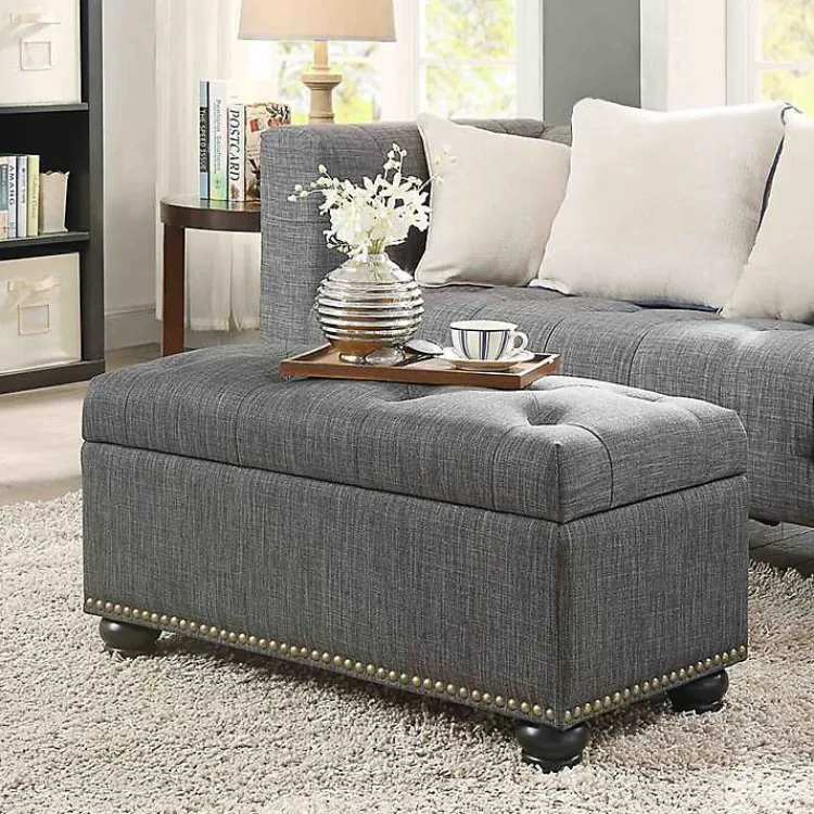 Benches & Ottomans-Kirklands Home Tufted Jess Storage Ottoman Bench Gray