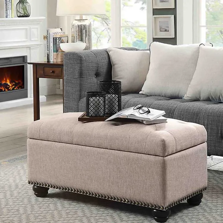Benches & Ottomans-Kirklands Home Beige Tufted Jess Storage Ottoman Bench Tan