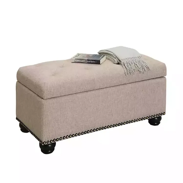 Benches & Ottomans-Kirklands Home Beige Tufted Jess Storage Ottoman Bench Tan