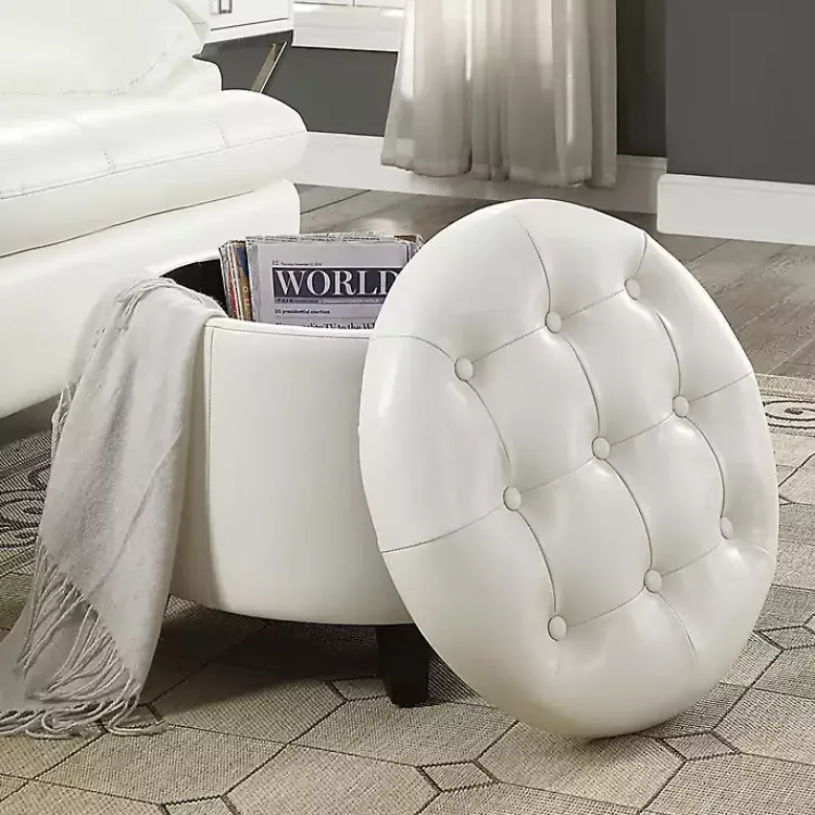 Benches & Ottomans-Kirklands Home Faux Leather Eliza Round Storage Ottoman White