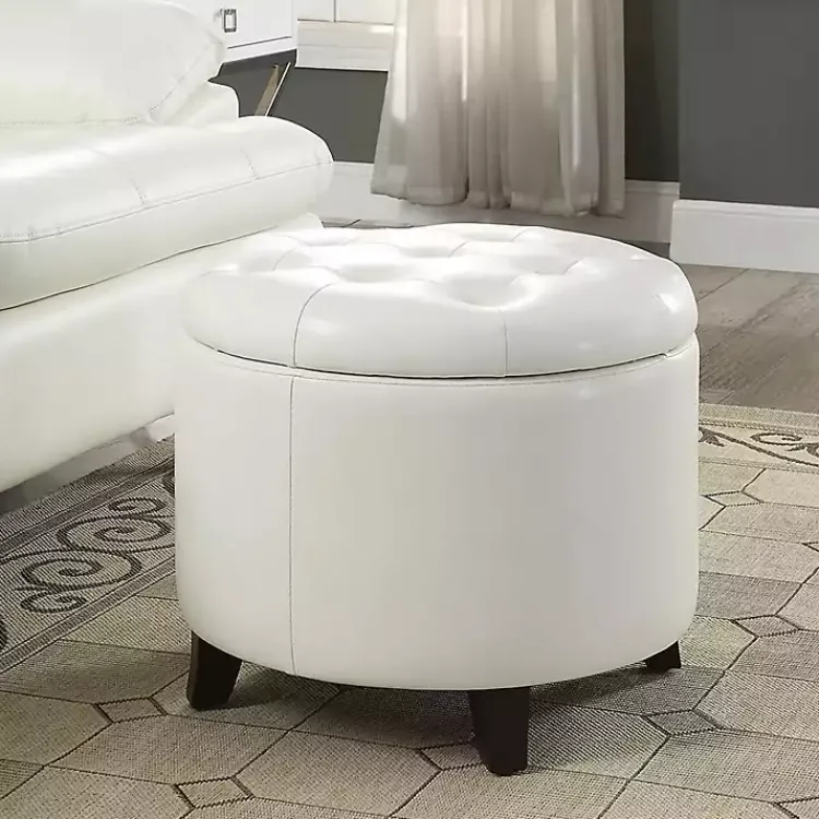 Benches & Ottomans-Kirklands Home Faux Leather Eliza Round Storage Ottoman White