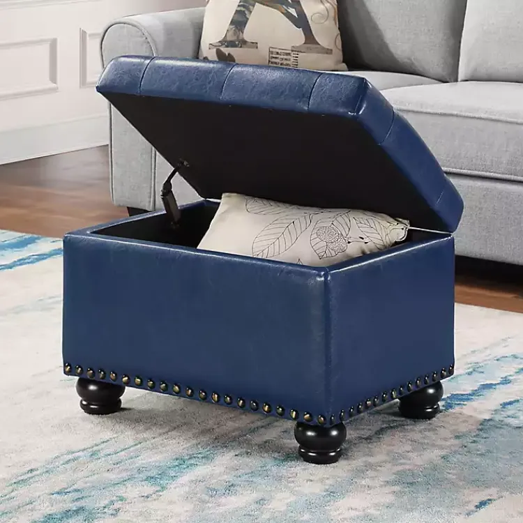 Benches & Ottomans-Kirklands Home Navy Faux Leather Jessy Storage Ottoman Blue