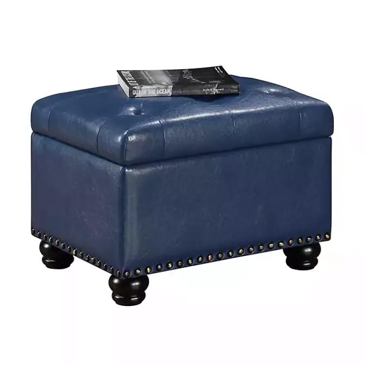 Benches & Ottomans-Kirklands Home Navy Faux Leather Jessy Storage Ottoman Blue