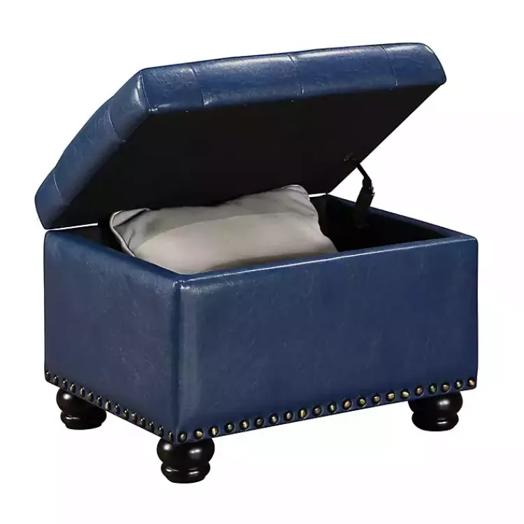 Benches & Ottomans-Kirklands Home Navy Faux Leather Jessy Storage Ottoman Blue