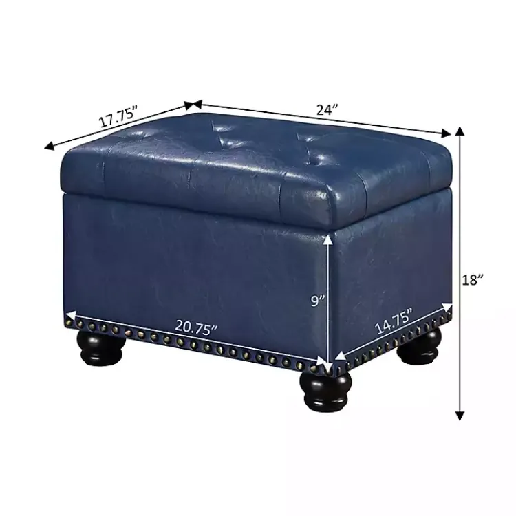 Benches & Ottomans-Kirklands Home Navy Faux Leather Jessy Storage Ottoman Blue