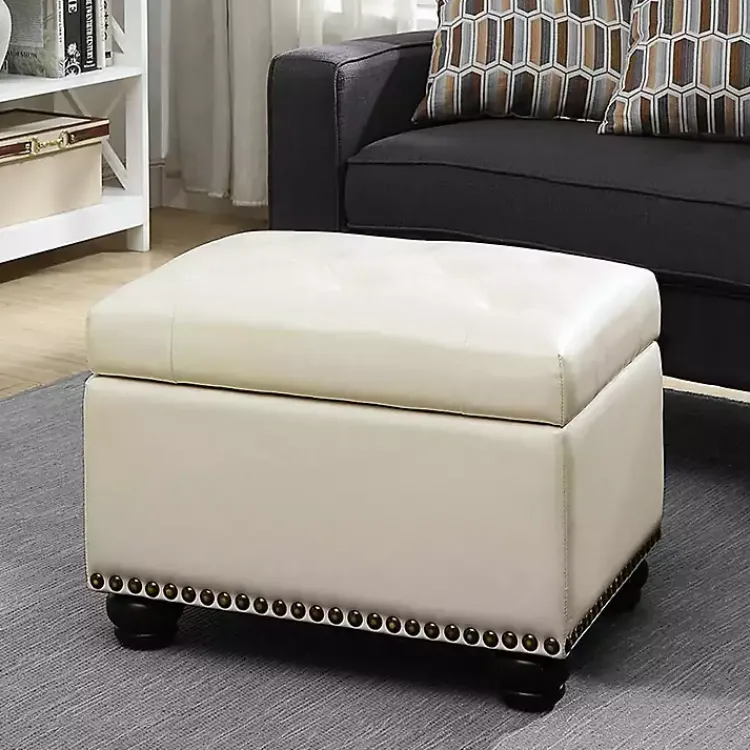 Benches & Ottomans-Kirklands Home Faux Leather Jessy Storage Ottoman Ivory