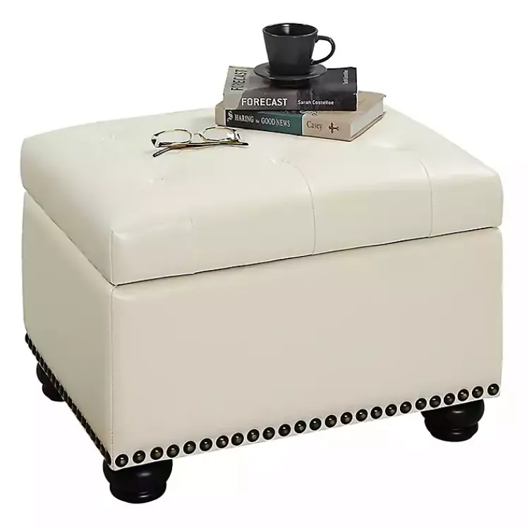 Benches & Ottomans-Kirklands Home Faux Leather Jessy Storage Ottoman Ivory