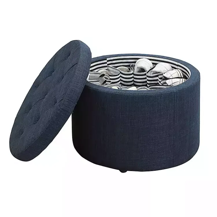 Benches & Ottomans-Kirklands Home Navy Upholstered Round Shoe Storage Ottoman Blue