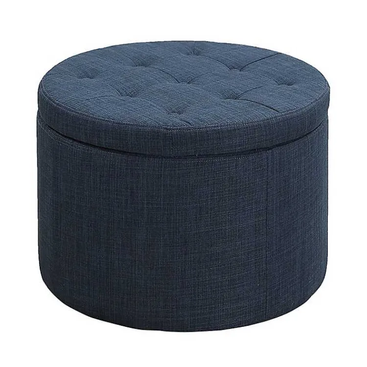 Benches & Ottomans-Kirklands Home Navy Upholstered Round Shoe Storage Ottoman Blue