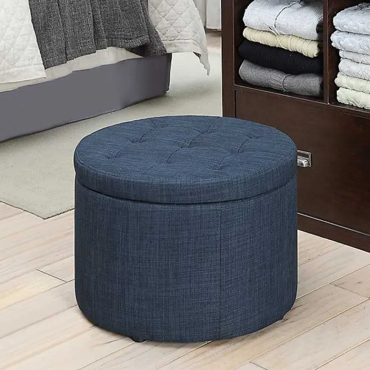 Benches & Ottomans-Kirklands Home Navy Upholstered Round Shoe Storage Ottoman Blue