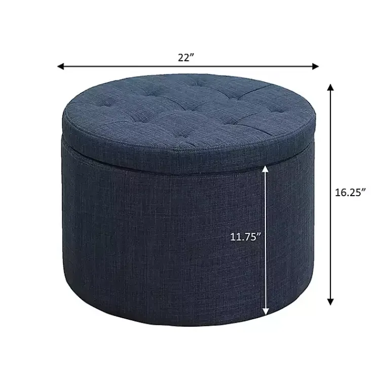 Benches & Ottomans-Kirklands Home Navy Upholstered Round Shoe Storage Ottoman Blue