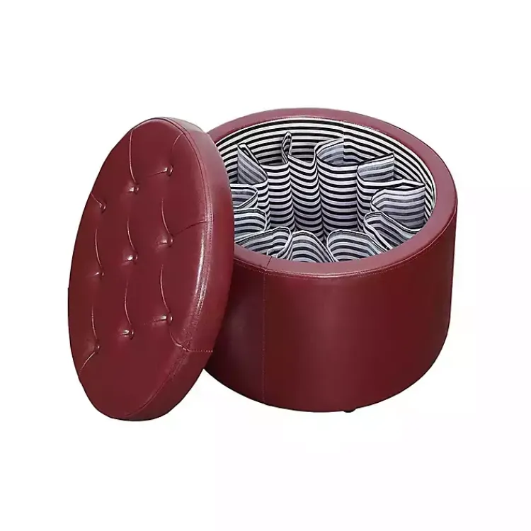 Benches & Ottomans-Kirklands Home Faux Leather Round Shoe Storage Ottoman Red