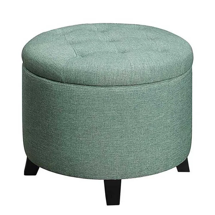 Benches & Ottomans-Kirklands Home Teal Upholstered Eliza Round Storage Ottoman Blue