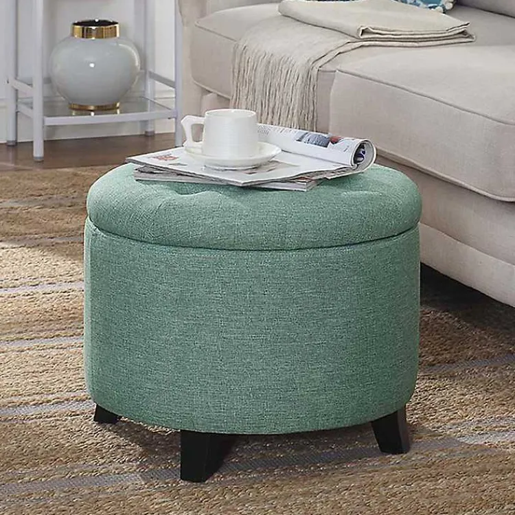 Benches & Ottomans-Kirklands Home Teal Upholstered Eliza Round Storage Ottoman Blue