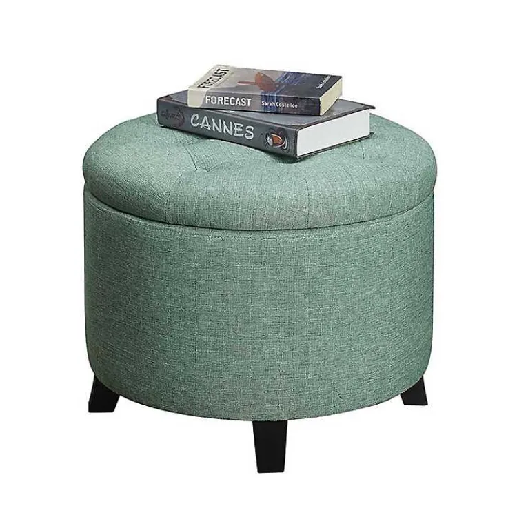 Benches & Ottomans-Kirklands Home Teal Upholstered Eliza Round Storage Ottoman Blue