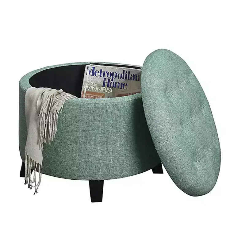 Benches & Ottomans-Kirklands Home Teal Upholstered Eliza Round Storage Ottoman Blue
