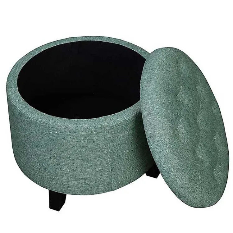 Benches & Ottomans-Kirklands Home Teal Upholstered Eliza Round Storage Ottoman Blue