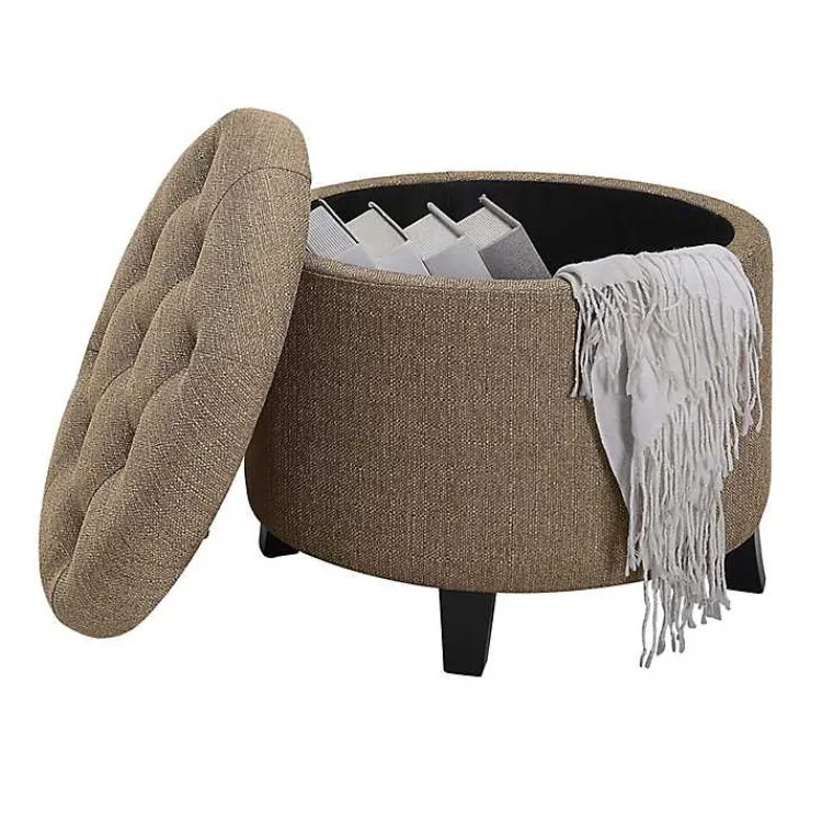 Benches & Ottomans-Kirklands Home Upholstered Eliza Round Storage Ottoman Tan