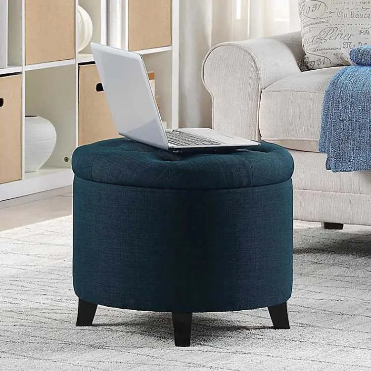 Benches & Ottomans-Kirklands Home Navy Upholstered Eliza Round Storage Ottoman Blue