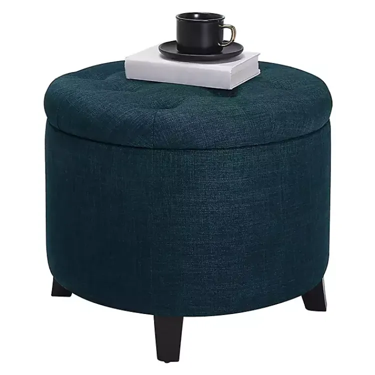 Benches & Ottomans-Kirklands Home Navy Upholstered Eliza Round Storage Ottoman Blue