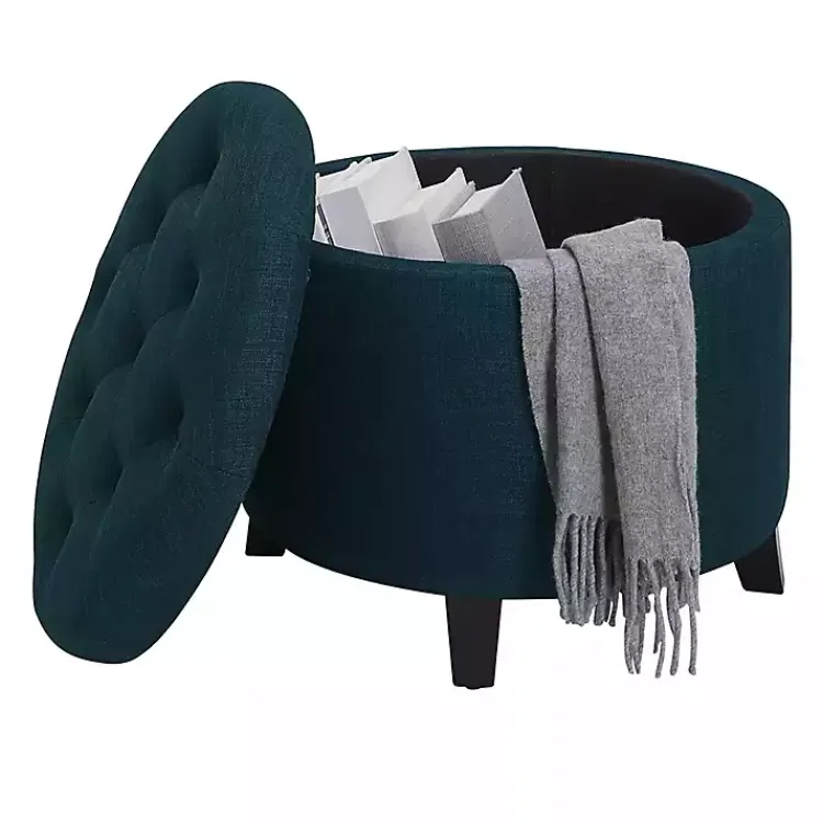 Benches & Ottomans-Kirklands Home Navy Upholstered Eliza Round Storage Ottoman Blue