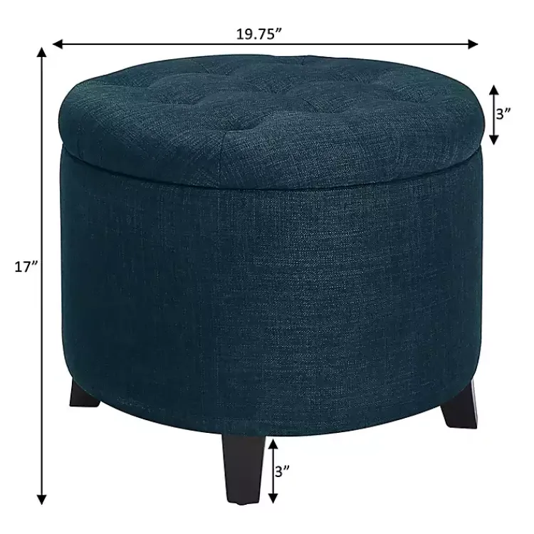 Benches & Ottomans-Kirklands Home Navy Upholstered Eliza Round Storage Ottoman Blue