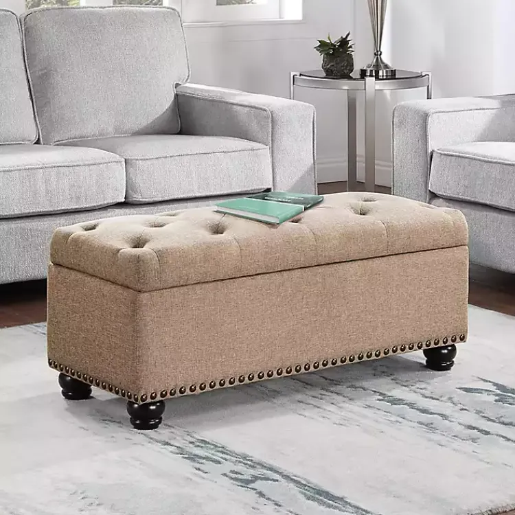 Benches & Ottomans-Kirklands Home Upholstered Carey Storage Ottoman Bench Tan