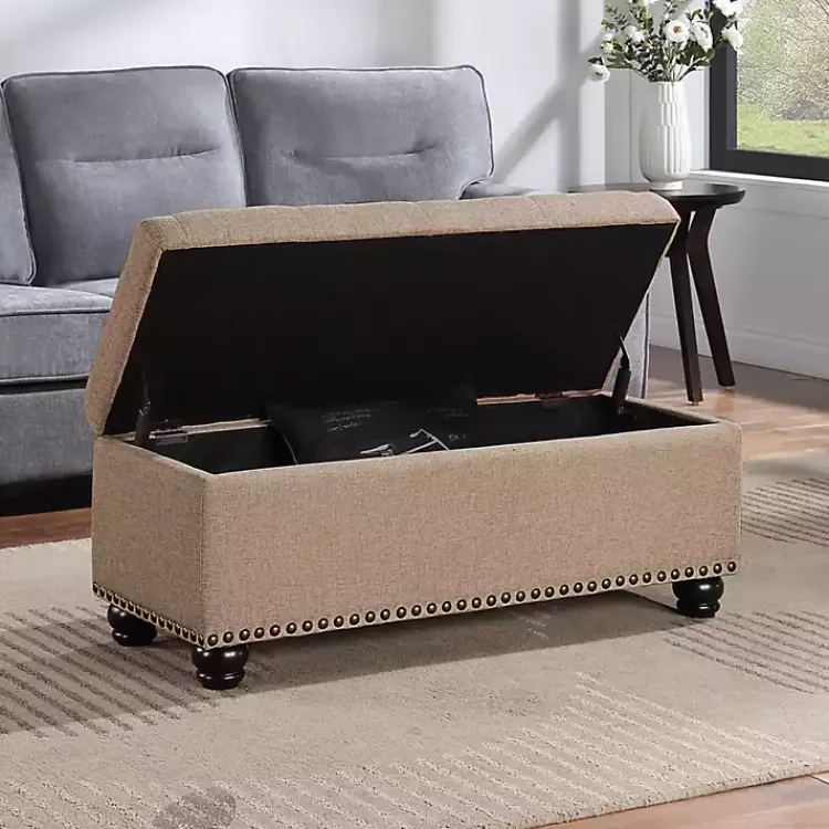 Benches & Ottomans-Kirklands Home Upholstered Carey Storage Ottoman Bench Tan