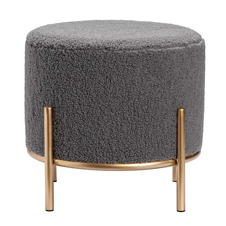 Benches & Ottomans-Kirklands Home Sherpa Upholstered Round Ottoman Gray